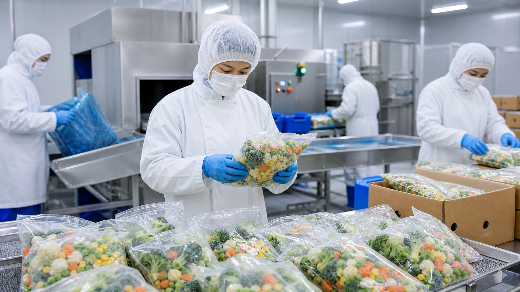 Frozen vegetable processing and packing line